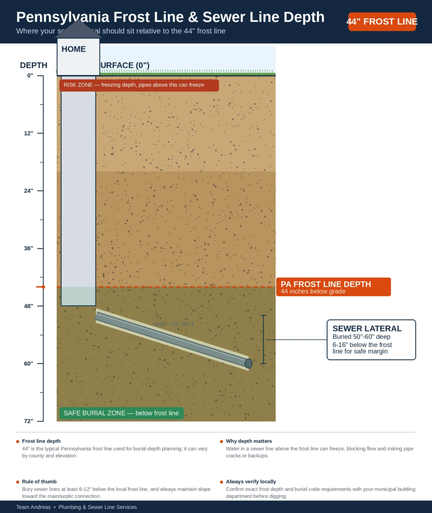 PA frost line depth and proper sewer line burial depth
