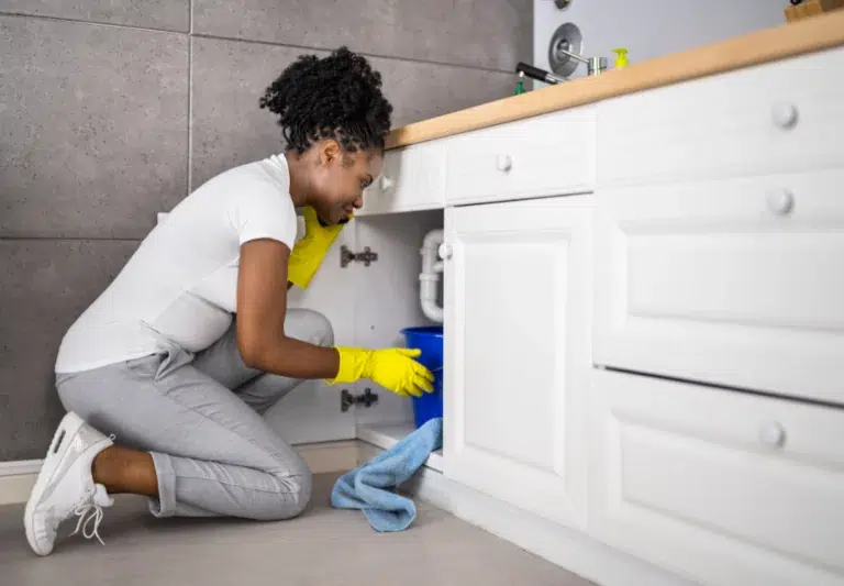 Woman fixing minor leak under bathroom sink. Holding blue bucket under sink pipe.