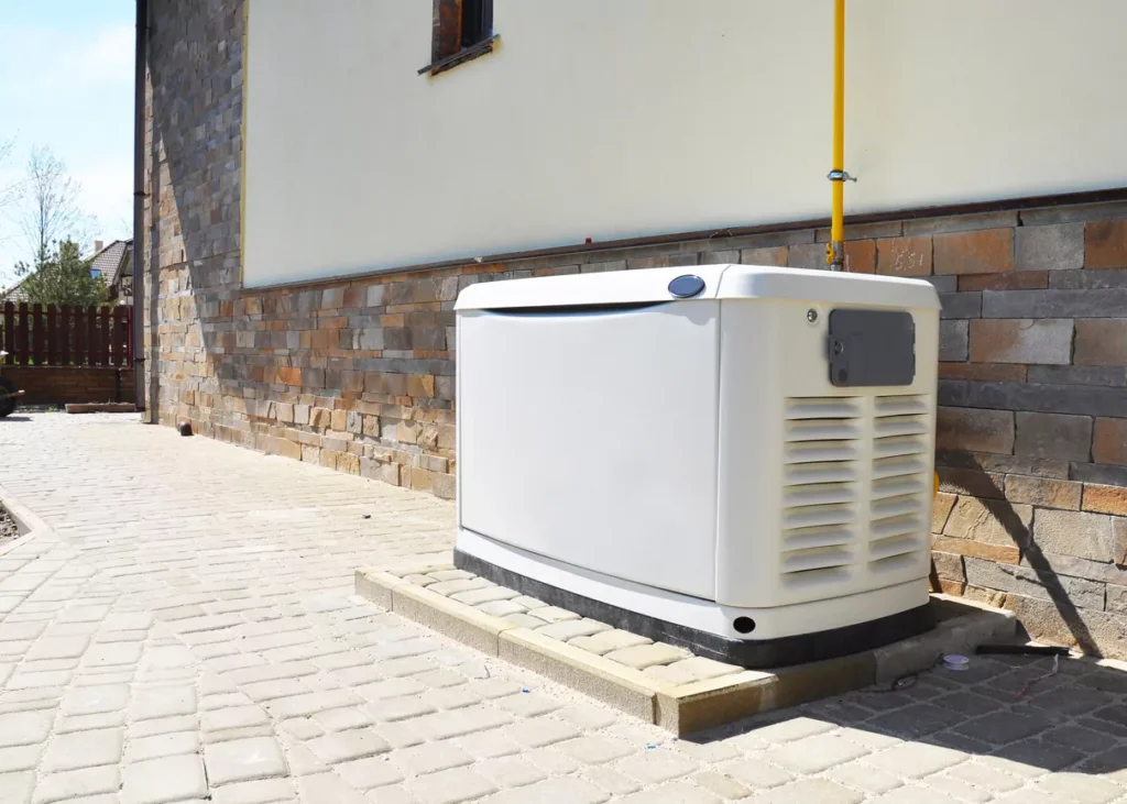 Image of a home generator outside of a house on a brick path.