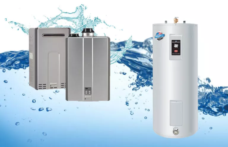 Tank and tankless water heaters with a water backdrop