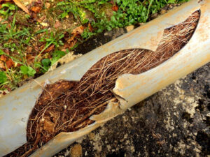 Tree roots in a cracked sewer line.