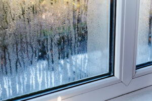 Condensation on window from high humidity.